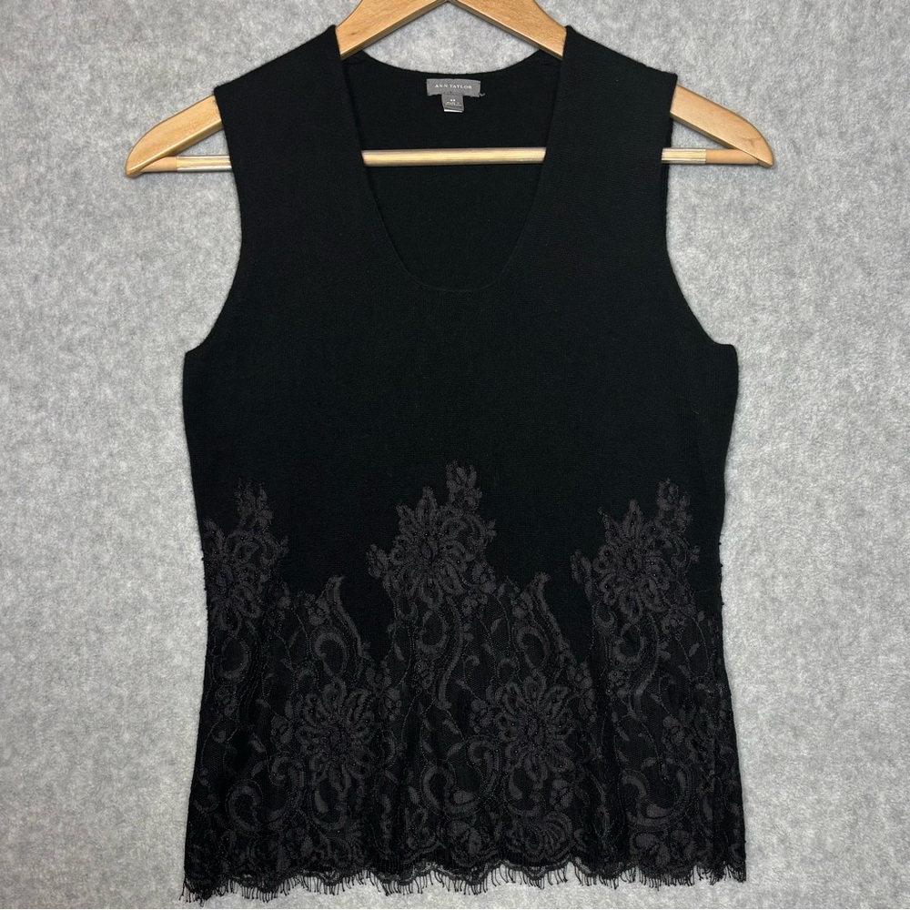 Ann Taylor Sleeveless Lace Beaded Trim Cashmere Sweater Tank-Black-Women Size XS